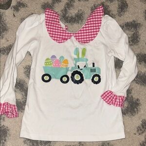 Girls' White Long Sleeve Easter Tractor Top with Pink Gingham Collar